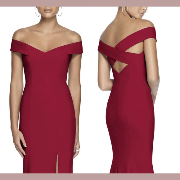 NEW Dessy Collection [ 14 ] Off Shoulder Crossback‎ Gown in Burgundy - Picture 2 of 12